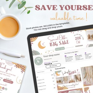 May include: A computer screen displaying a shop's website with a special offer for a big sale. The website features a moon and stars design with a pink, green, and yellow color scheme. The text on the screen reads "Special Offer Big Sale" and "Shop Now".