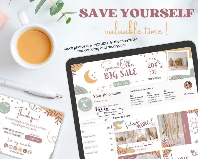 May include: A computer screen displaying a shop's website with a special offer for a big sale. The website features a moon and stars design with a pink, green, and yellow color scheme. The text on the screen reads "Special Offer Big Sale" and "Shop Now".