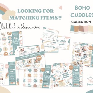 May include: A collection of digital products for Etsy shops, featuring a boho theme with pastel colours and illustrations. The collection includes highlight covers, Instagram post templates, quote templates, and a link in bio template. The text "BOHO CUDDLES COLLECTION" is displayed in the top right corner of the image.