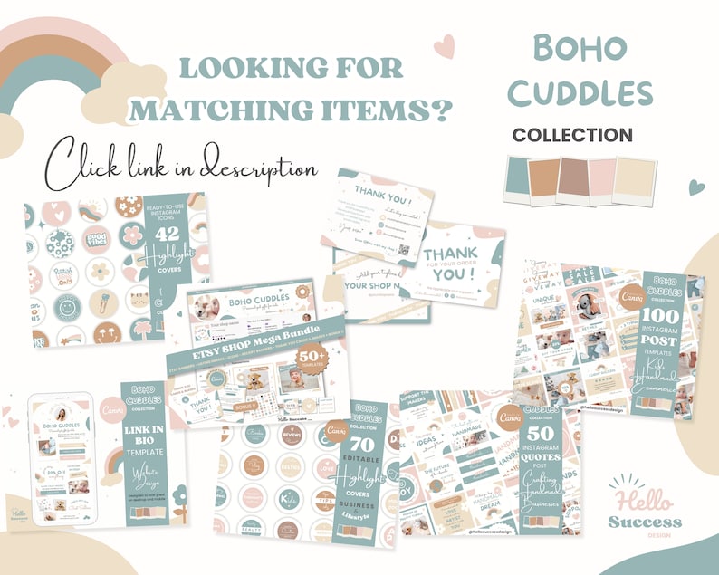 May include: A collection of digital products for Etsy shops, featuring a boho theme with pastel colours and illustrations. The collection includes highlight covers, Instagram post templates, quote templates, and a link in bio template. The text "BOHO CUDDLES COLLECTION" is displayed in the top right corner of the image.