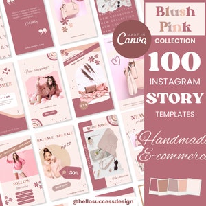 May include: A collection of 100 Instagram story templates in blush pink and brown color tones. The templates are designed for handmade e-commerce businesses and feature text overlays like "Free Shipping!" and "Big Sale!"