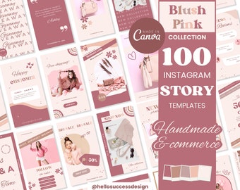 Könnte beinhalten: Eine Sammlung von 100 Instagram-Story-Vorlagen in den Farben Blush Pink und Braun. Die Vorlagen sind für handgefertigte E-Commerce-Unternehmen konzipiert und verfügen über Textüberlagerungen wie "Kostenloser Versand!" und "Großer Verkauf!"