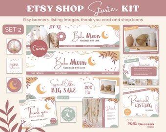 Boho Moon Etsy Shop Kit 2 moderne Boho Shop Banner Small Business Canva Template Branding Bundel Listing Banner Mockup Helder Kleurrijk BM1