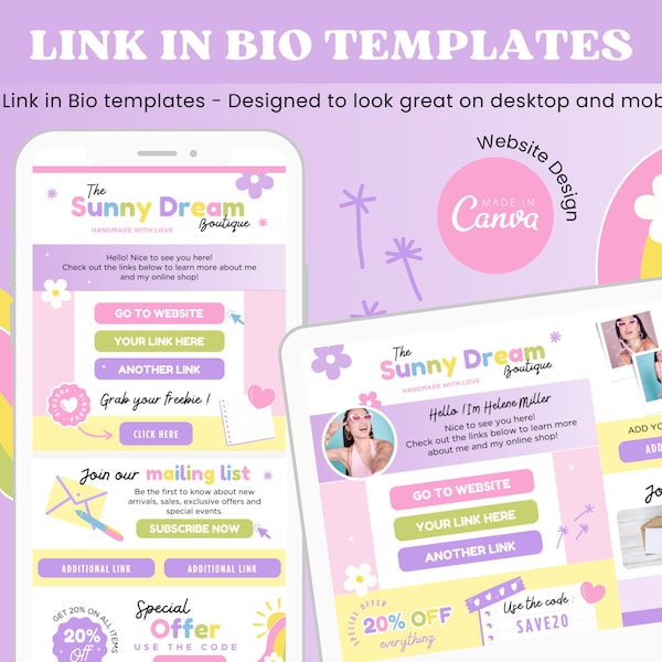 Pastel Link In Bio Canva Templates - Links Website Instagram Landing Page Canva Website Template Small Business Link Rainbow Colorful SD1