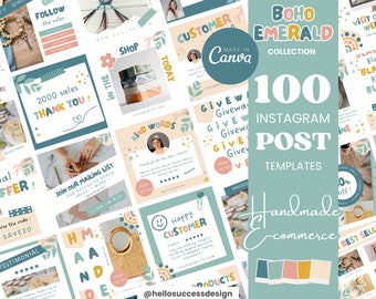 Boho Emerald Instagram Post Templates Handmade Business Product Shop E-commerce Content Post Rainbow Bright Green Colorful Social Media BE1