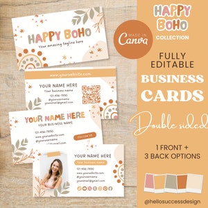Sjabloon voor kleurrijke Boho visitekaartjes, oranje regenboog aardse heldere aanpasbare QR-code Canva dubbelzijdig visitekaartje moderne branding HB1