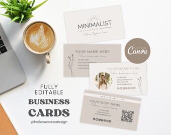 Minimalistisch neutraal beige sjablonen voor visitekaartjes met QR-code: natuurlijk aanpasbaar canvas visitekaartje Esthetisch Branding voor kleine bedrijven MT1