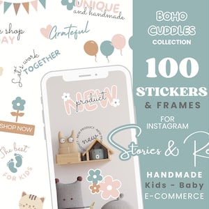 Puede incluir: Diseño gráfico digital para Instagram, con 100 pegatinas y marcos. El diseño incluye el texto "BOHO CUDDLES COLLECTION" y "HANDMADE Kids - Baby E-COMMERCE". La paleta de colores incluye rosa pastel, azul y beige.