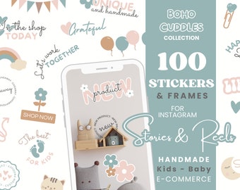 100X Boho Instagram Story & Reels Stickers and Frames -Kid Baby Cute Pastel Clipart Colorful IG Marketing Social Small Business Branding BC1