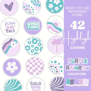 42X Lila Regenbogen Buntes Highlight Cover - Positive Vibes Instagram Icon Bundle - Pastel Blue Teal Cover IG Story Bright Branding PR1
