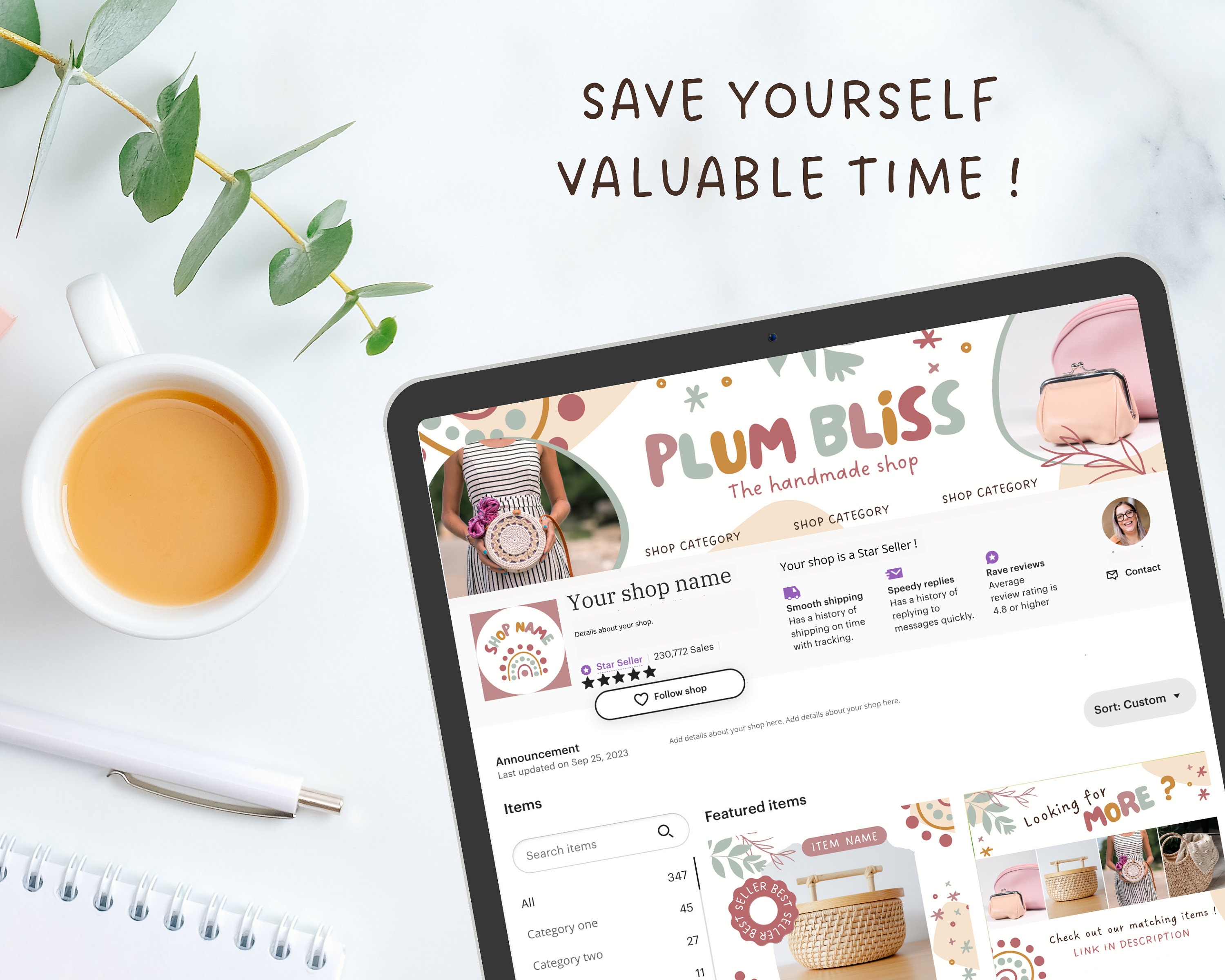 Modern Boho Etsy Shop Kit Pastel Etsy Shop Banner Canva Template