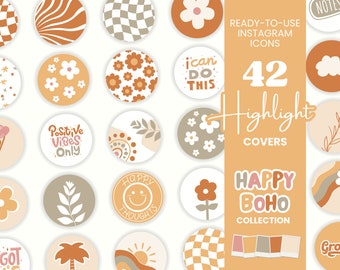 42X Boho Colorful Highlight Covers - Groovy Rainbow Instagram Icon Bundle - Orange Yellow Covers IG Stories Bright Instagram Branding HB1