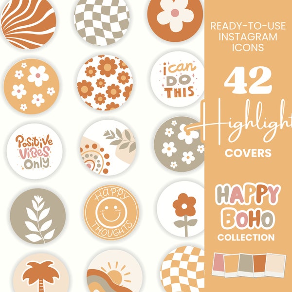 42X Boho Colorful Highlight Covers - Groovy Rainbow Instagram Icon Bundle - Orange Yellow Covers IG Stories Bright Instagram Branding HB1