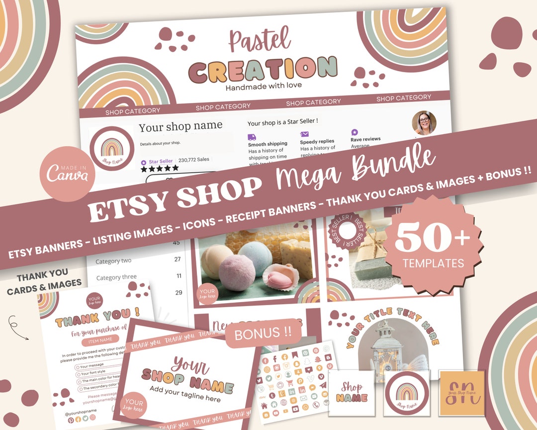 Etsy Shop Bundle Kit Pastel Rainbow Boho Colors Banner Canva Template ...