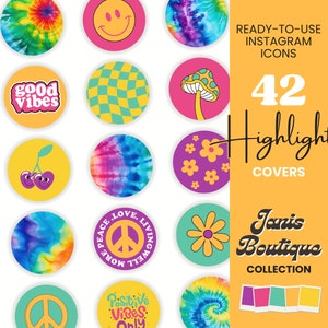 Puede incluir: Un conjunto de 42 portadas destacadas de Instagram de estilo retro. Los iconos circulares presentan patrones tie-dye, caras sonrientes, símbolos de la paz y otros gráficos geniales. El texto de la imagen dice "Ready-to-use Instagram Icons" y "Janis Boutique Collection."