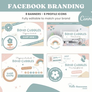 Pastel Boho Facebook-brandingkit - schattige banners profielpictogrammen Canva-sjabloon Sociale media omslag Handgemaakte kleurrijke Kid Baby Shop Bedrijf BC1