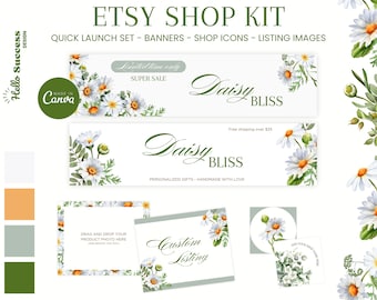 Daisy Etsy Shop Kit Aquarel Lentewinkel Sjabloon Voor Spandoek Bloemen Branding Listing Mockup Wildflower Icoon Logo Handgemaakt Klein Bedrijf DB1