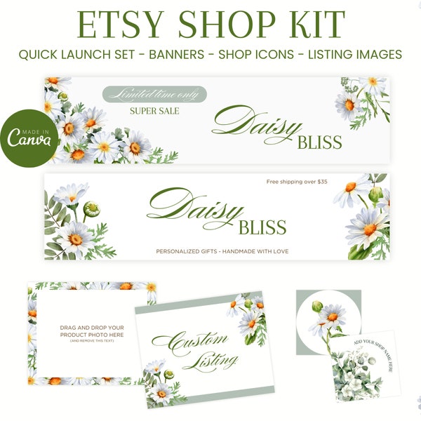 Daisy Etsy Shop Kit Watercolor Spring Store Banner Template Floral Branding Listing Mockup Wildflower Icon Logo Handmade Small Business DB1