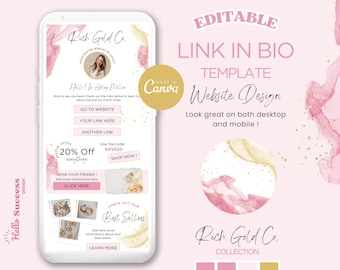 Roze gouden link in bio canva sjabloon glitter glitter website Instagram vrouwelijke roos branding luxe bestemmingspagina website klein bedrijf RG2