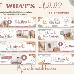 May include: Eight Etsy banner templates featuring a boho aesthetic with a moon, stars, and leaves. The banners include text such as "Shop our Best Sellers!" and "Special Offer Big Sale".
