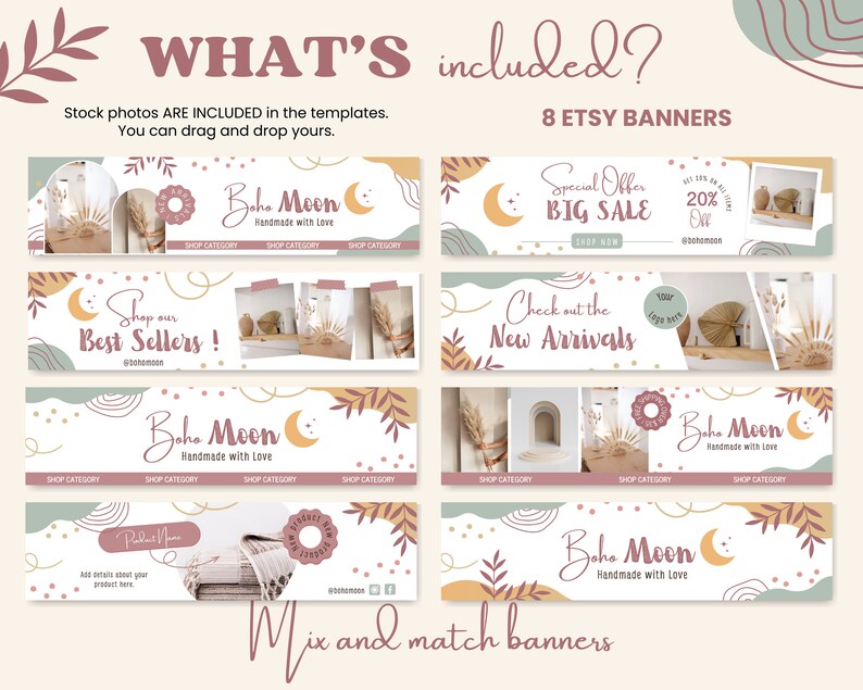 May include: Eight Etsy banner templates featuring a boho aesthetic with a moon, stars, and leaves. The banners include text such as "Shop our Best Sellers!" and "Special Offer Big Sale".