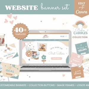 May include: A set of 40+ customizable website banners for a baby or children's clothing store. The banners feature a boho theme with pastel colors, rainbows, and cute illustrations. The banners include text such as "New Arrivals", "Best Sellers", "Gift Ideas", and "Follow us on Instagram".