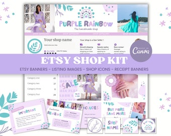 Paarse regenboog Etsy Shop Kit - Canva-sjabloon voor spandoek Etsy Shop Kleurrijke Small Business Branding Pastelblauw Teal Vrouwelijke Listing Bundel PR1