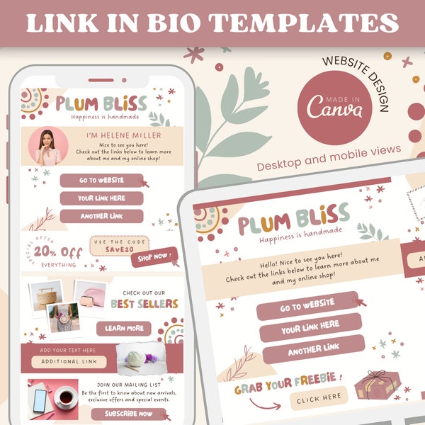 Modern Boho Link In Bio Canva Templates - Links Website Instagram Landing Page Canva Website Template Small Business Rainbow Colorful PB1