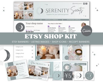 Etsy Shop Kit - Serenity Etsy Shop bannercanva sjabloon moderne minimalistische maan branding maan logo pictogram handgemaakte kaars zakelijk product SS1