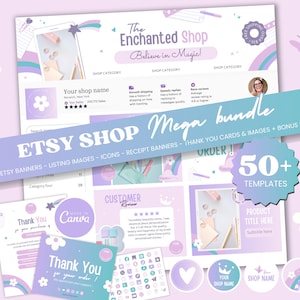Bundle boutique Etsy pastel modèle de toile de bannière produit numérique coloré petite entreprise rose violet sarcelle arc-en-ciel lumineux magie kit de marque ES1