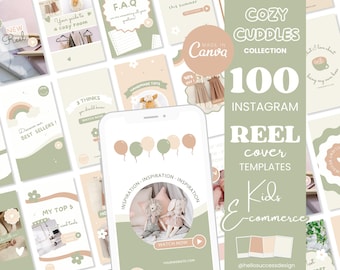 100x Instagram-rollen sjablonen, pastel boho IG-rollen, saliegroen IG-covers, Kids Baby Business Shop-inhoud leuke sociale-media-ideeën CC1