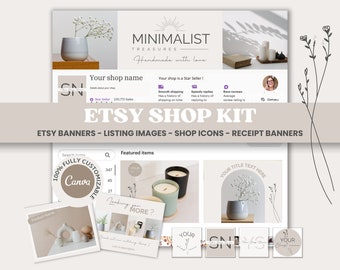 Könnte beinhalten: Etsy Shop-Kit mit anpassbaren Vorlagen für Banner, Listungsbilder, Shop-Icons und Quittungsbanner. Das Kit zeichnet sich durch ein minimalistisches Design mit einer neutralen Farbpalette aus Beige, Weiß und Braun aus. Der Text "100% vollständig anpassbar Canva" ist auf einem beigefarbenen Kreis sichtbar.