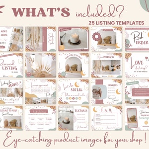 May include: A set of 25 social media templates for Etsy shops, featuring a boho aesthetic with warm colors, moon and star illustrations, and text overlays. The templates include a variety of layouts for product listings, promotions, and announcements.