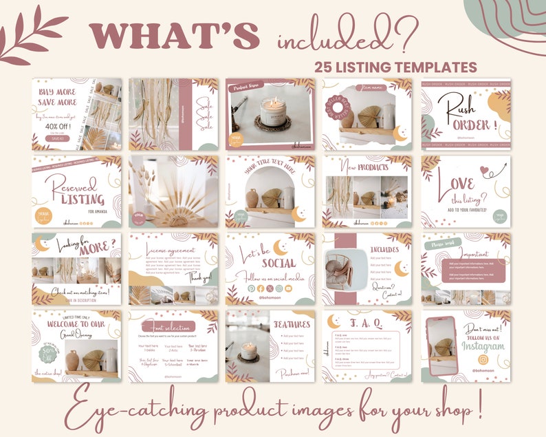 May include: A set of 25 social media templates for Etsy shops, featuring a boho aesthetic with warm colors, moon and star illustrations, and text overlays. The templates include a variety of layouts for product listings, promotions, and announcements.