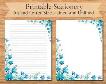 Floral Lined Paper, Floral Blank Paper, Printable Blue Flowers Stationery, Journal Paper, Digital Download Writing Paper, Scrapbook, Penpal