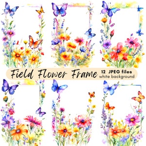 Field Flower Frame Clipart Bundle, Field Flower Clipart Digital Download, Wydrukowane kwiaty w wysokiej rozdzielczości JPG, Tworzenie kartek, Wykorzystanie komercyjne