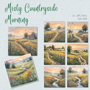 Misty Countryside Morning Clipart Bundle, Misty Countryside Morning JPG Clip Art Digital Download, Tworzenie kartek, Dziennik śmieci, Wykorzystanie komercyjne