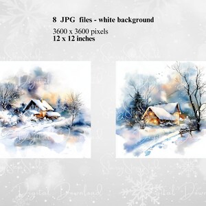 May include: Two watercolour paintings of winter scenes. Each shows a snow-covered house with warm interior lighting, surrounded by trees and a snowy landscape. The text "Digital Download" is visible.