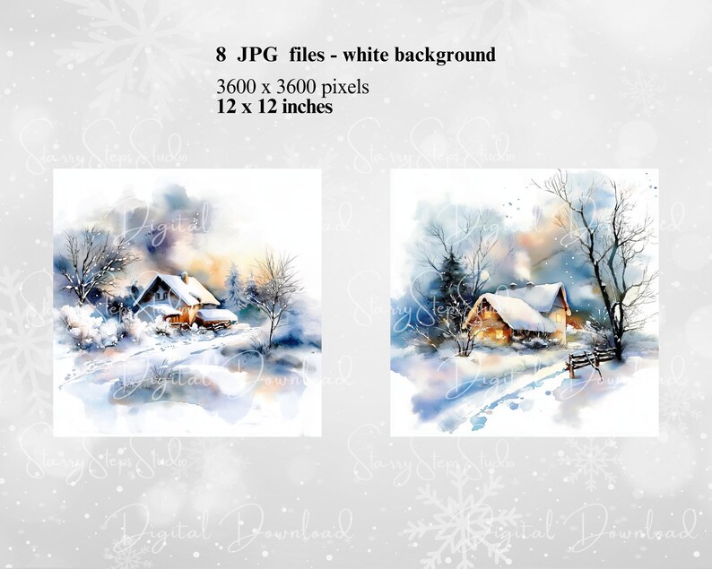 May include: Two watercolour paintings of winter scenes. Each shows a snow-covered house with warm interior lighting, surrounded by trees and a snowy landscape. The text "Digital Download" is visible.