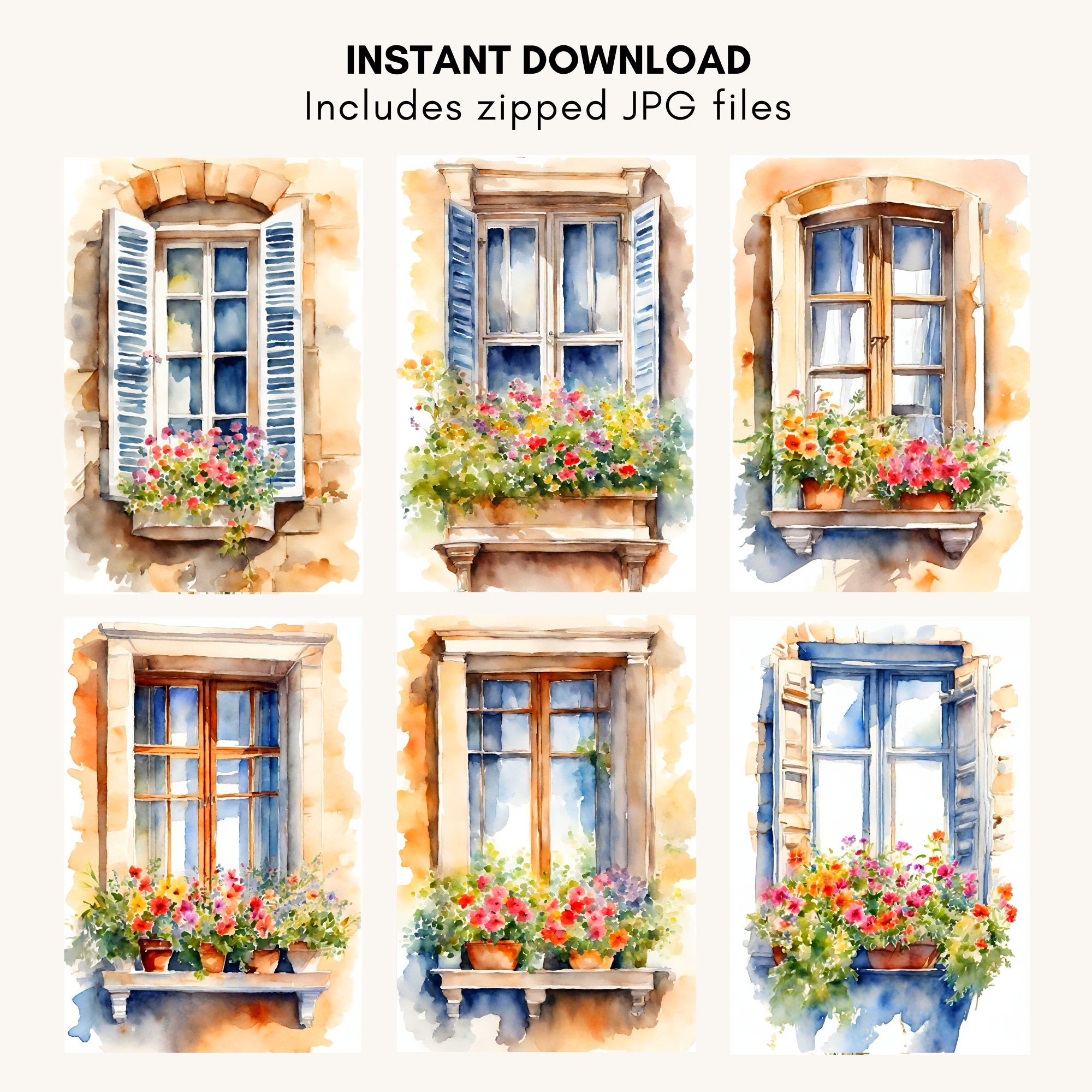 Watercolor Window Spring Background Spring Windows Watercolor Clipart Bundle: High-resolution Jpegs ...