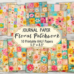 Blommigt lapptäcke-skräpjournalssidor: Färgglada scrapbook-ephemera (digital nedladdning)