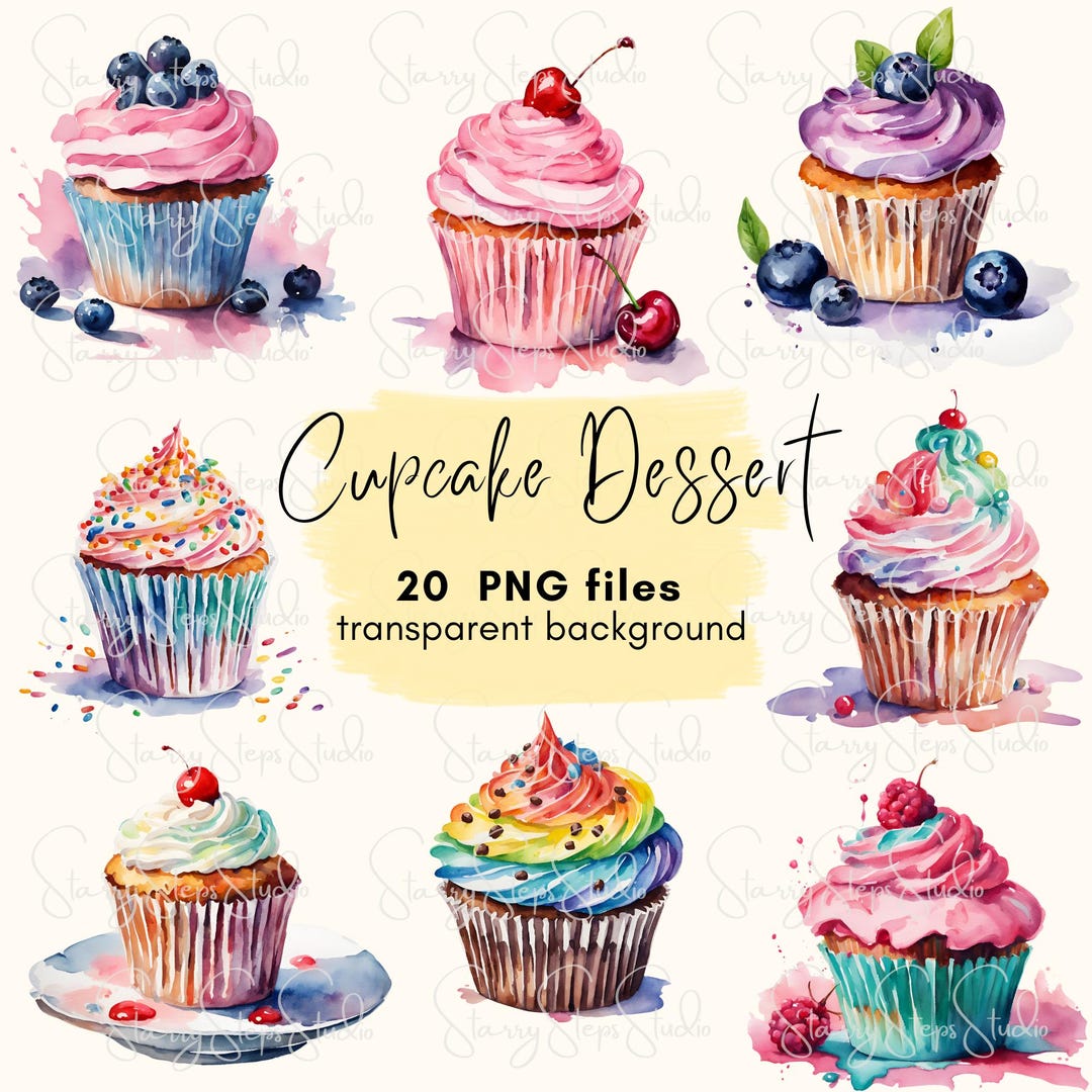 Watercolor Cupcake Clipart Bundle: Transparent PNG Graphics (digital ...