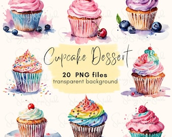 Watercolor Cupcake Clipart Bundle: Transparent PNG Graphics (Digital Download)