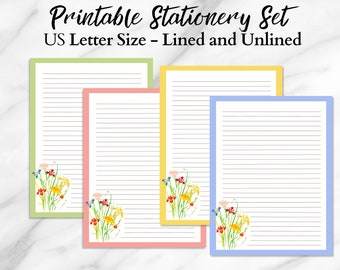 Printable Stationery Paper Set, Lined Printable Paper, Blank Paper, Floral Stationery Set, Note Paper, Watercolor Bouquet Writing Paper Set