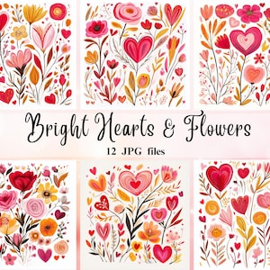 Pakiet papieru Bright Hearts And Flowers, wysokiej rozdzielczości walentynkowe kliparty JPG do natychmiastowego pobrania, dziennik śmieci, album, zastosowanie komercyjne