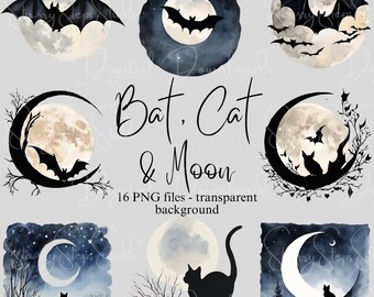 Halloween Bat and Cat Moon Clipart, Transparent PNG (Digital Download)