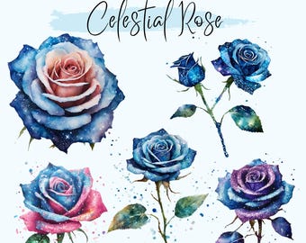 Celestial Rose Clip Art Bundle Digital Download, Celestial Galaxy Rose Transparent PNG, Card Making, Scrapbook Junk Journal, Commercial Use