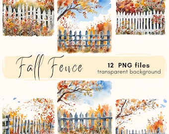 Fall Fence Clipart Bundle: Watercolor Autumn PNG Files (Commercial Use)