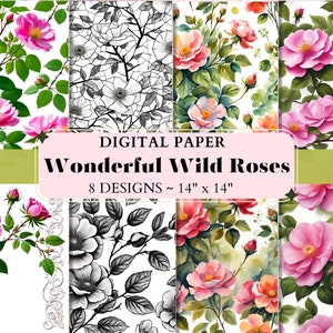 Papeles digitales Wild Rose, fondos Wild Rose, paquete de papel Wild Roses de color rosa, álbum de recortes imprimible, diario basura, licencia comercial