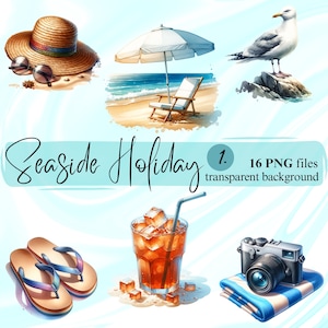 Imágenes prediseñadas digitales de vacaciones de verano calientes, diseño de pegatina de viaje a la playa imprimible fondo transparente PNG, diario de imágenes junto al mar descargables